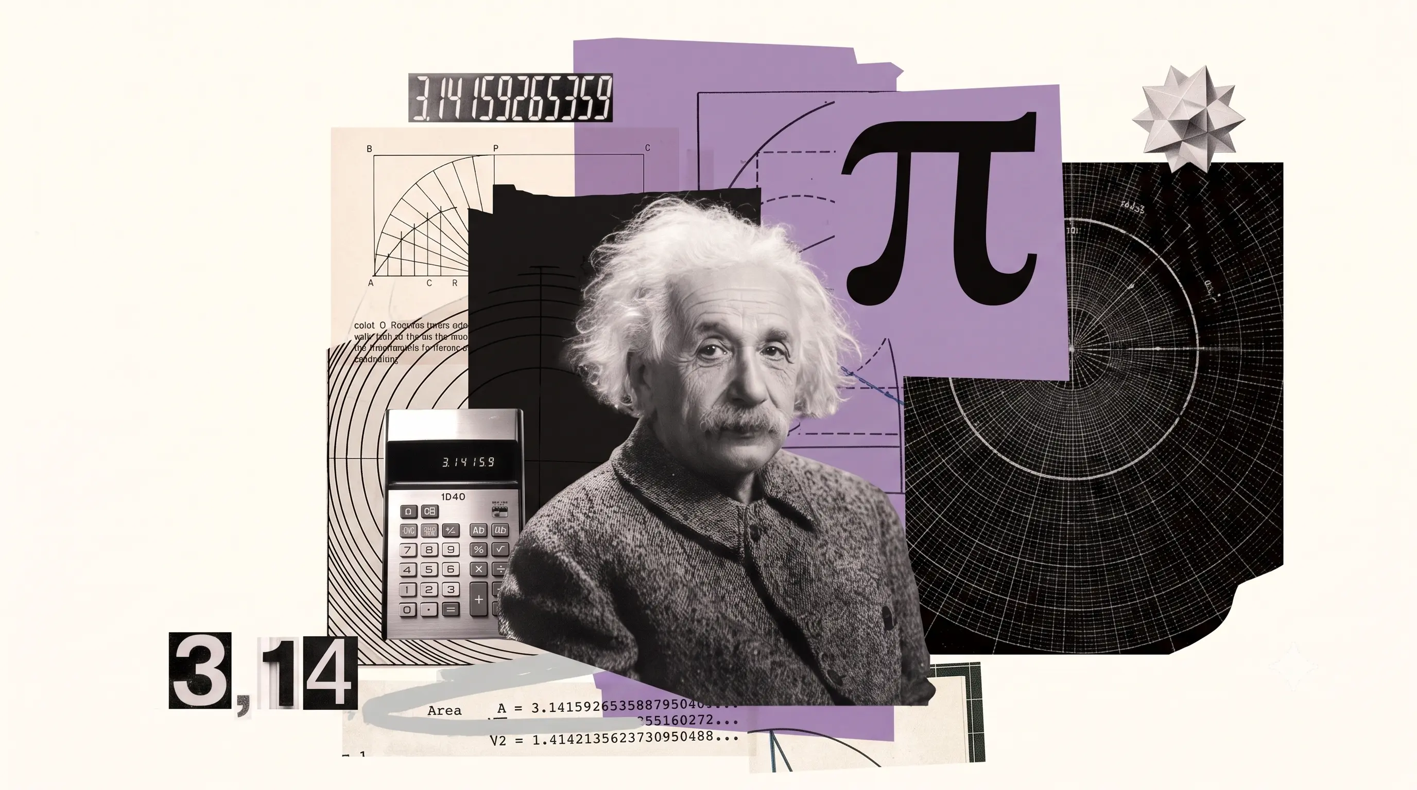Collage of Albert Einstein, pi, and mathematical diagrams — 17 equations that changed the world