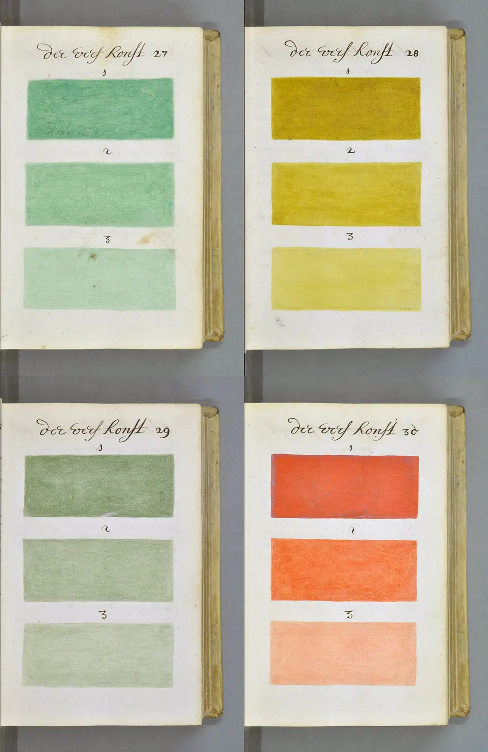 Four pages of Boogert's book, numbered 27 to 30, each with three stacked swatches of the same color: a sea green, a yellow ochre, a grey green and an orange red, each lighter than the one above