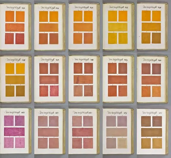 Fifteen pages of the book in a grid, each with five swatches, running through oranges, yellows, brick reds, magentas and dusty pinks to an ochre