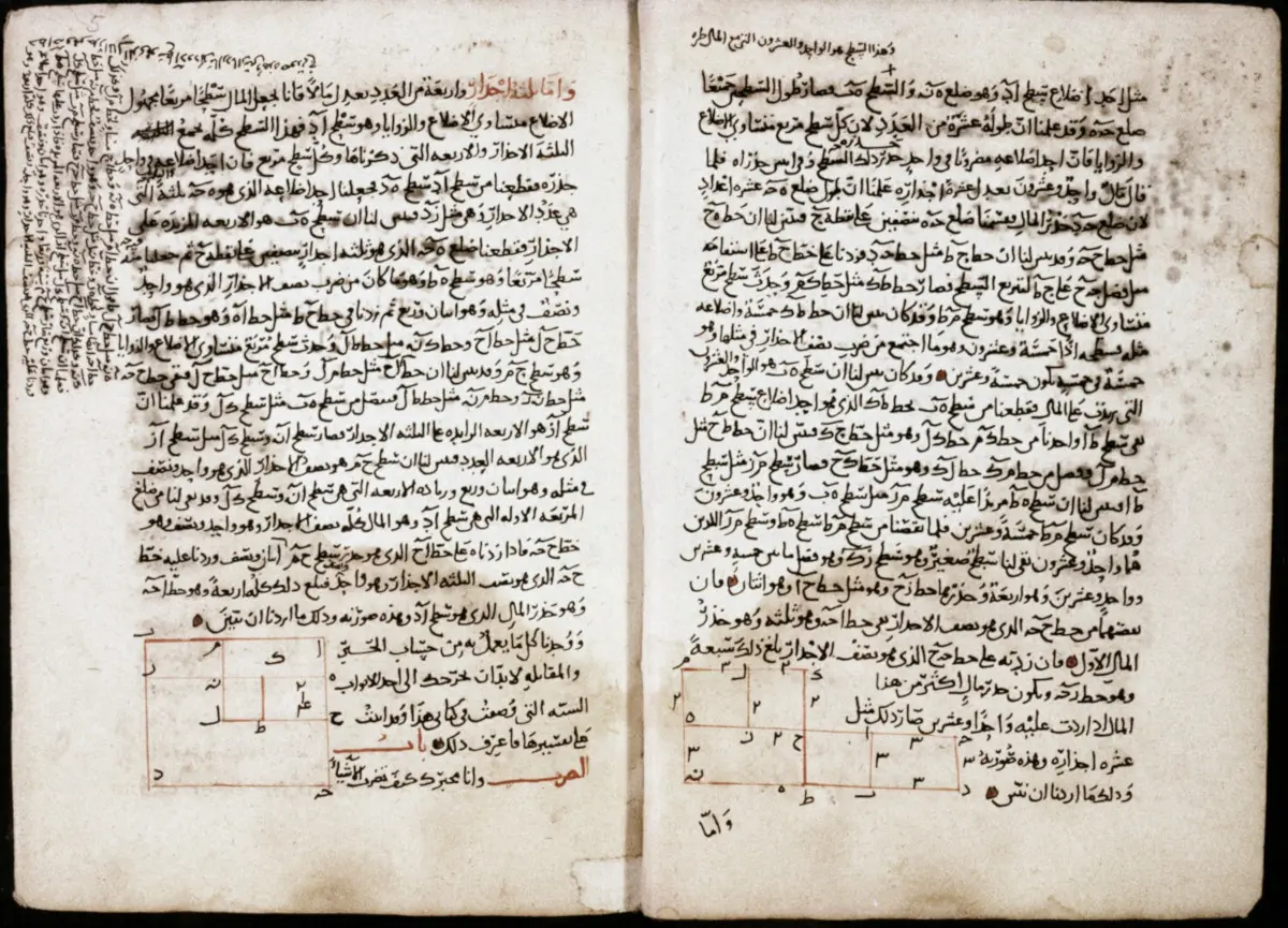 An open Arabic manuscript of al-Khwarizmi's al-jabr: two pages of dense black script with square diagrams drawn in red ink near the bottom, and handwritten notes squeezed into the left margin
