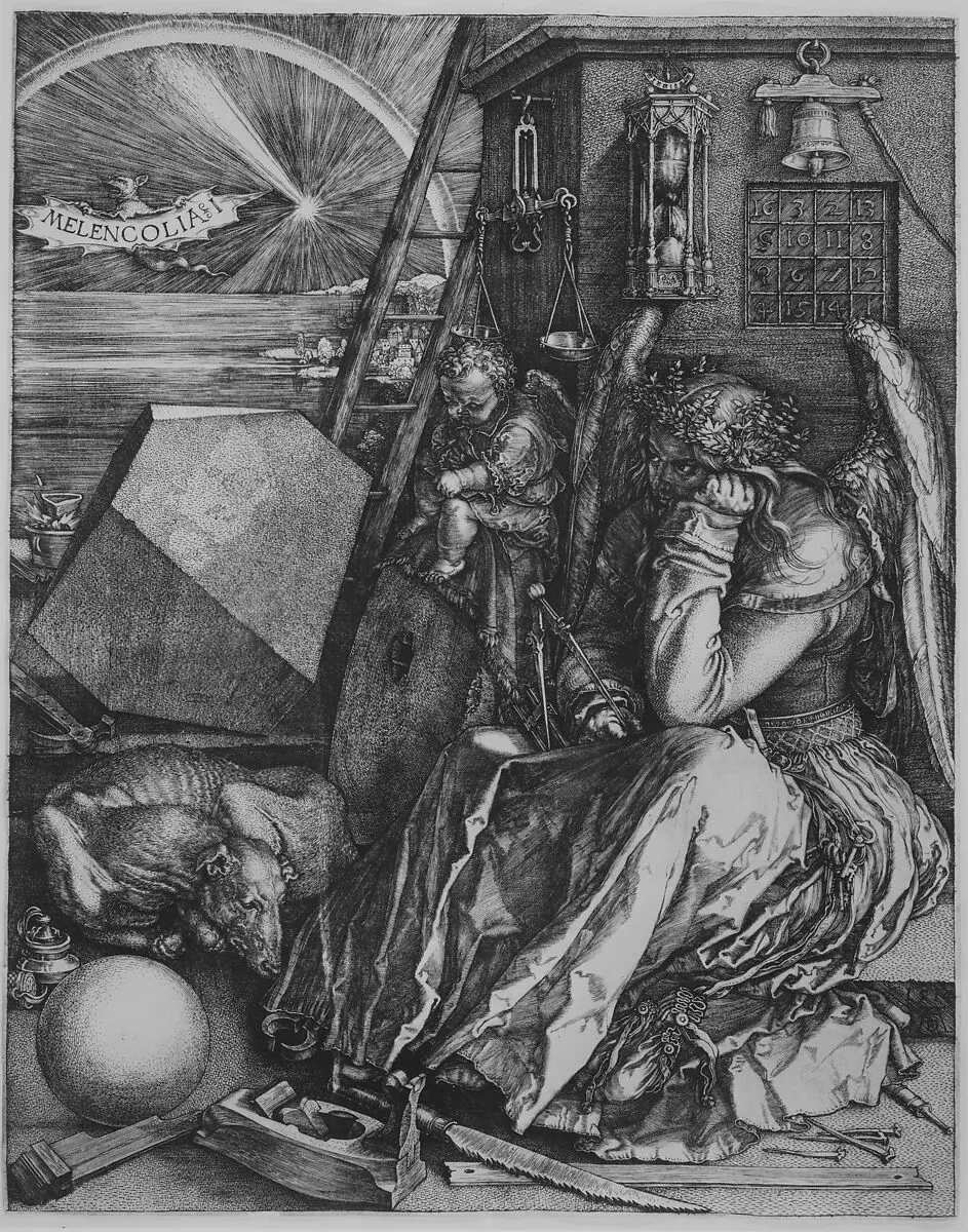 Albrecht Dürer's Melencolia I — full 1514 copper engraving showing the winged figure of melancholy, polyhedron, tools, and magic square
