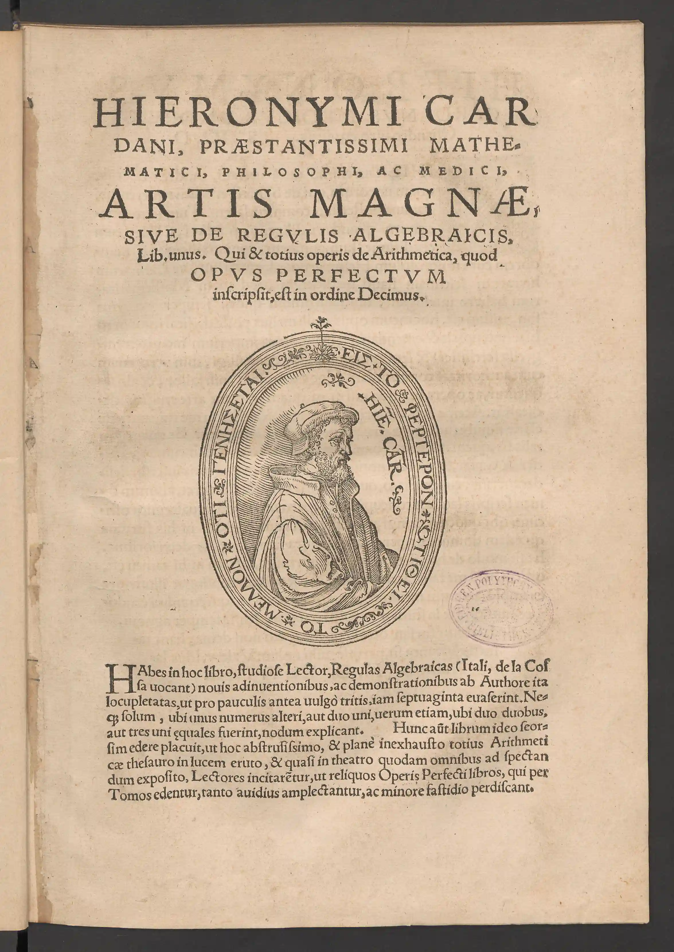 The title page of Cardano's Ars Magna, 1545, with an oval woodcut portrait of Cardano between the Latin title and the opening paragraph