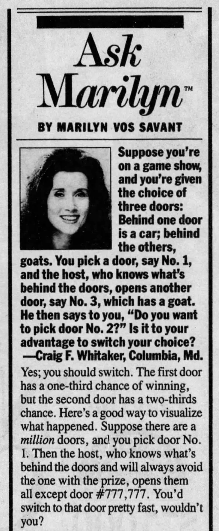 Ask Marilyn column clipping showing the Monty Hall question