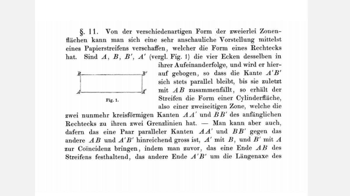 A scan of August Möbius's original 1858 German text describing the construction of a Möbius strip from a rectangular strip of paper, including a diagram labeled Fig. 1