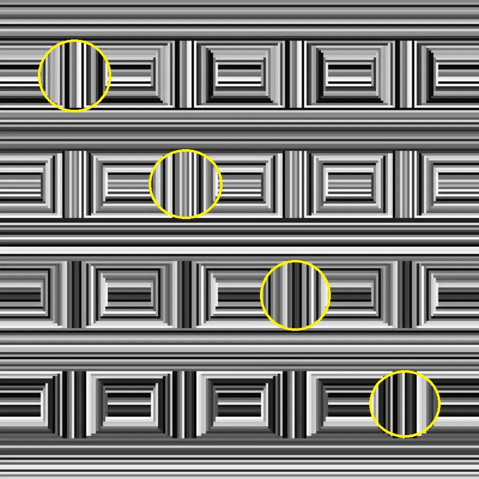 The Coffer illusion with four of its hidden circles outlined in yellow, one in each row.