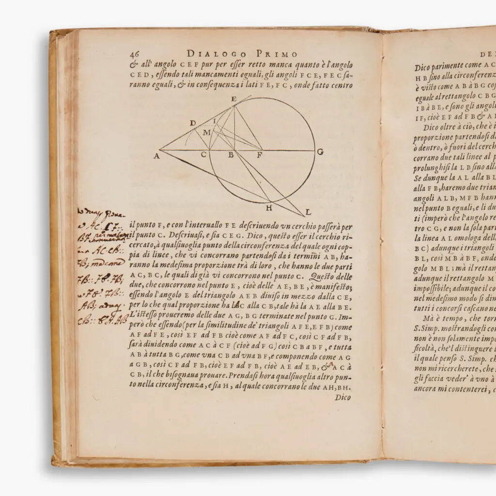 Page 46 of Galileo's Discorsi, from the First Day, with a geometric diagram of a circle and lines in Italian text and a reader's handwritten proportions in the margin