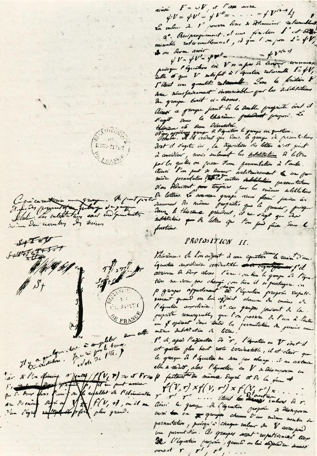 A page of Galois's manuscript in his hand: a column of French text headed Proposition II on the right, and on the left a margin of crossed-out symbols and a short hurried note, with two library stamps of the Institut de France