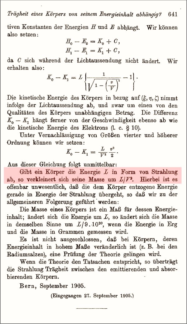 The third page of Einstein's 1905 paper with the L/V² formulation highlighted