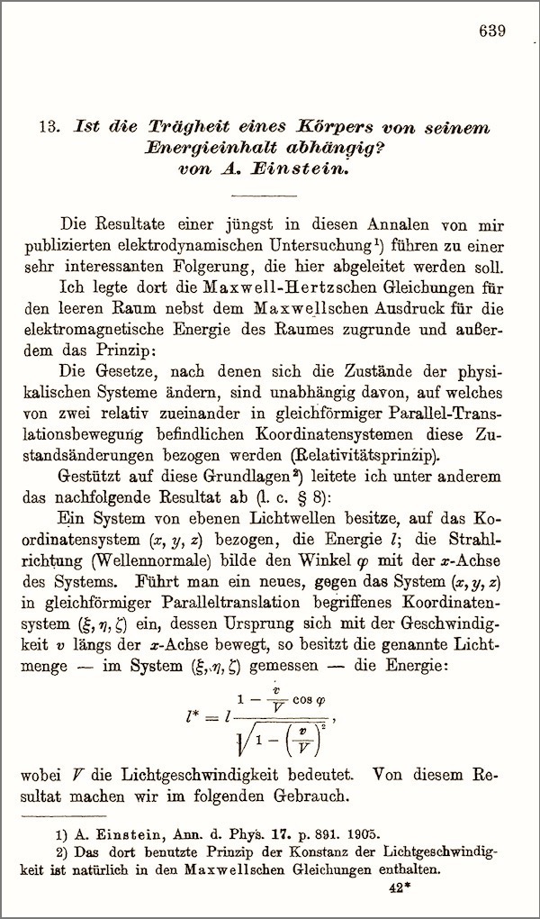 Close-up of the 1905 paper showing Einstein using V for the speed of light