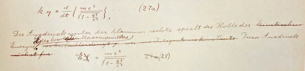 Einstein's 1912 manuscript showing the formula with crossed-out L replaced by E