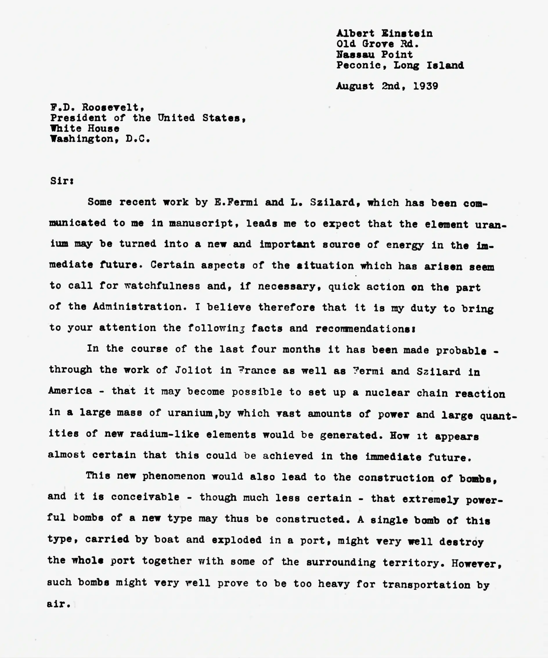 The typed first page of Einstein’s letter to Roosevelt, dated August 2, 1939