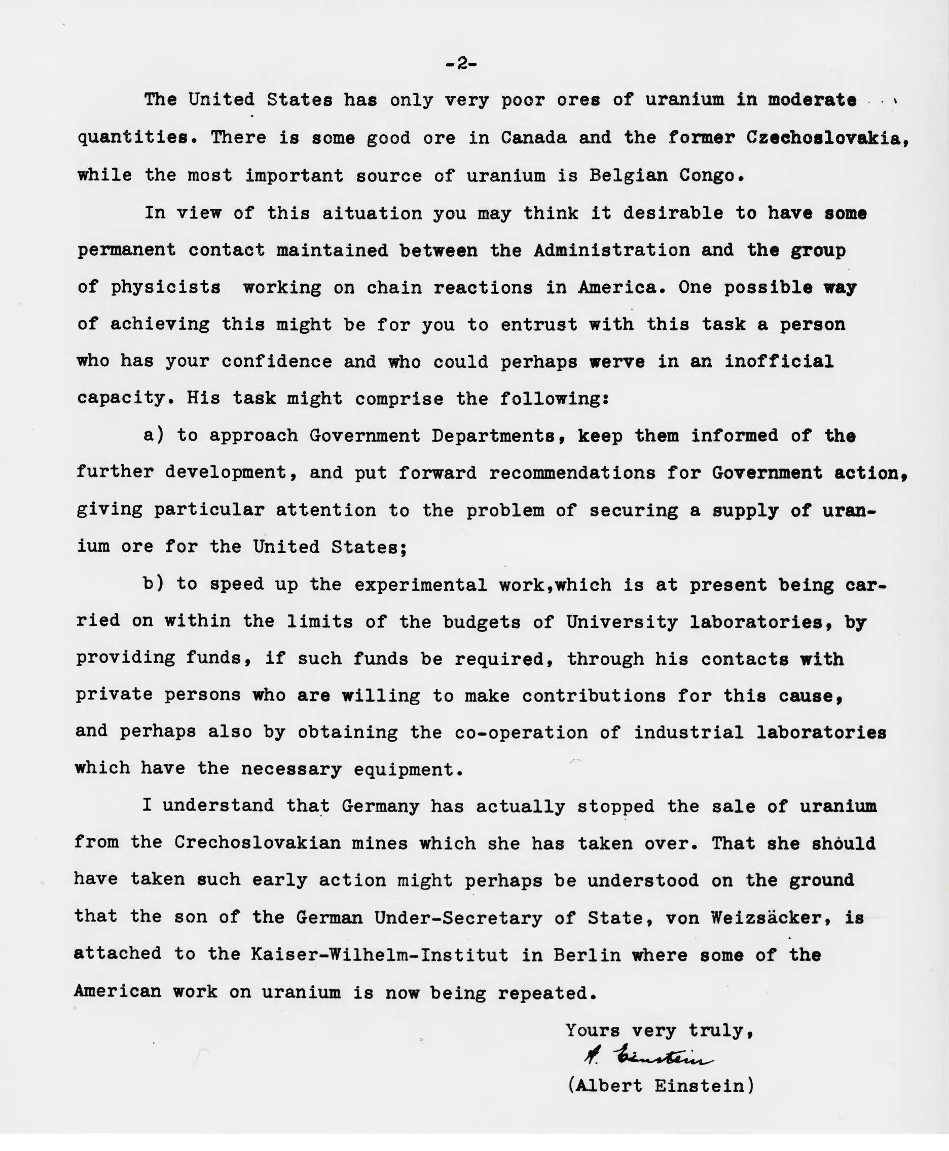 The second page of Einstein’s letter to Roosevelt, with Einstein’s signature