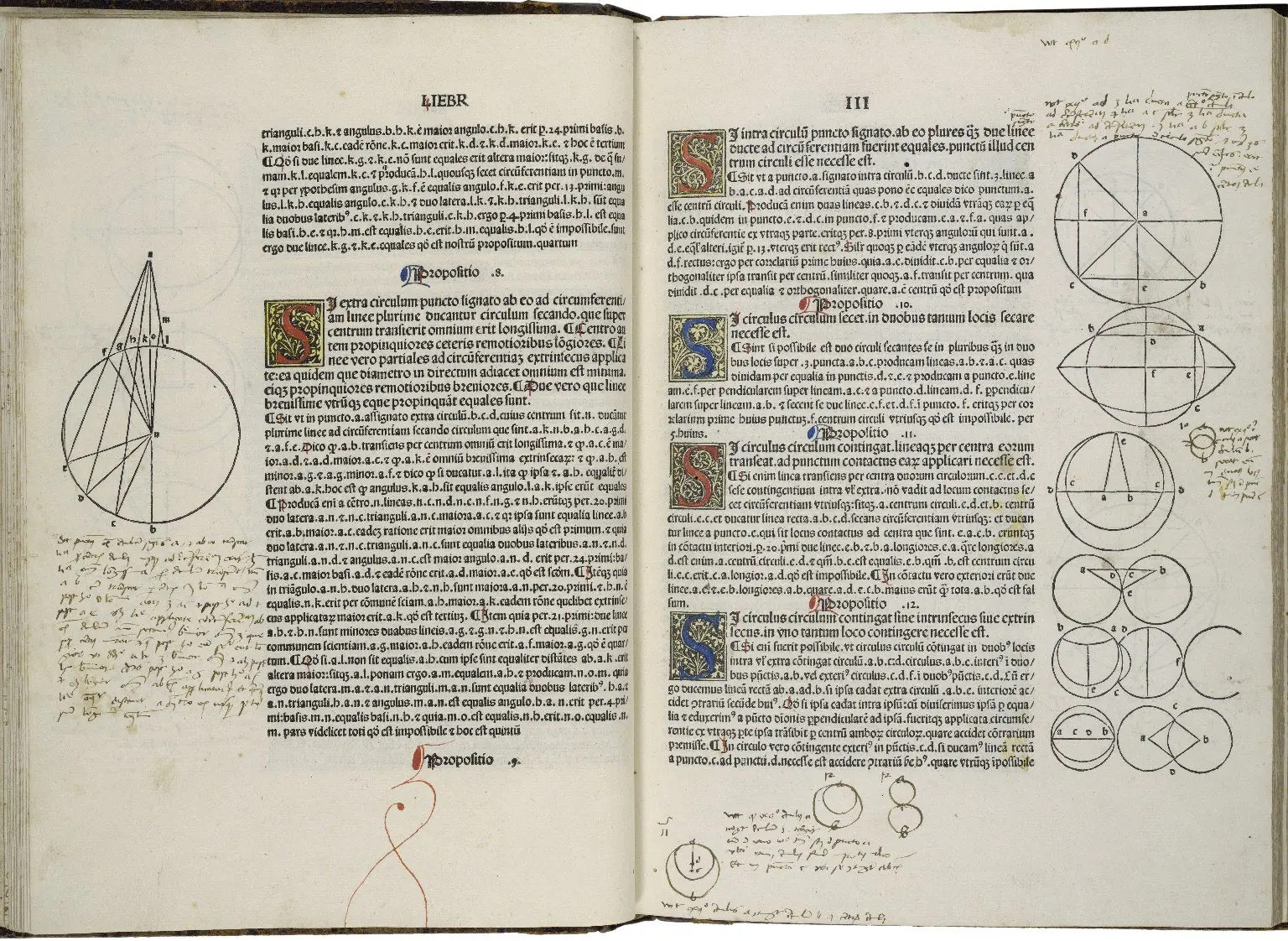 An open copy of Ratdolt's 1482 printed Elements: Latin text with decorated initials, printed circle diagrams in the margins, and handwritten notes filling the spaces