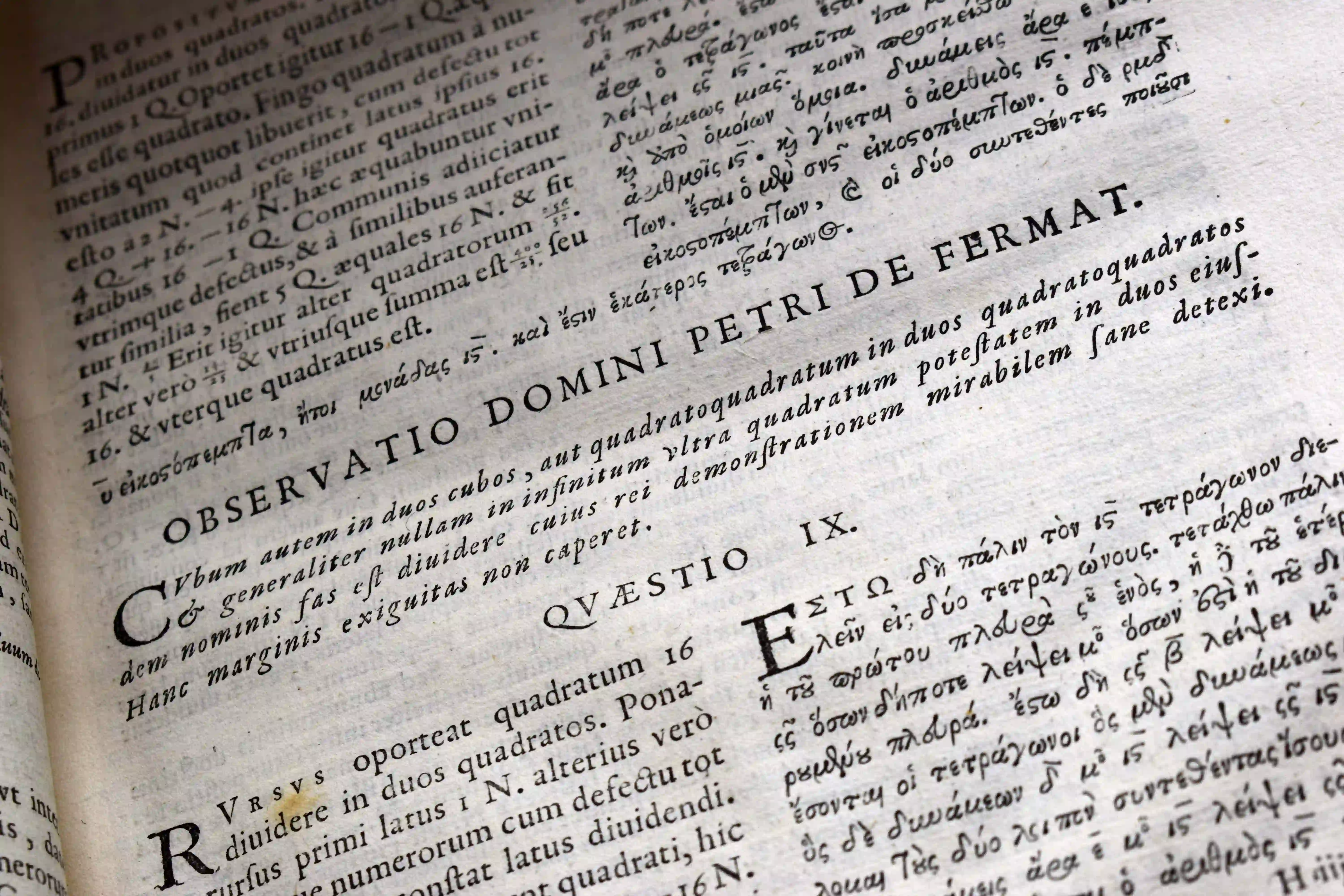 A page of the 1670 Diophantus: Greek and Latin columns, and between them the heading OBSERVATIO DOMINI PETRI DE FERMAT above a short paragraph of italic Latin