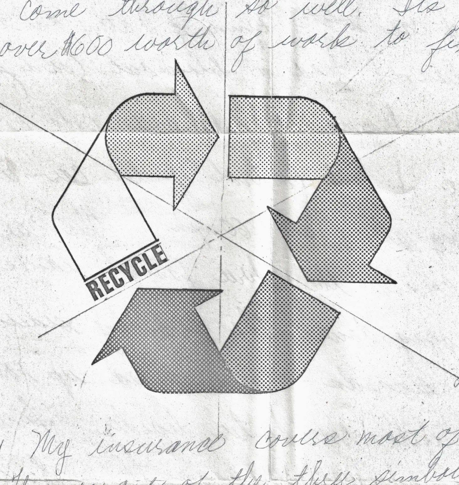 Gary Anderson (right) working on his original sketch for the universal recycling symbol, which was inspired by the Möbius strip