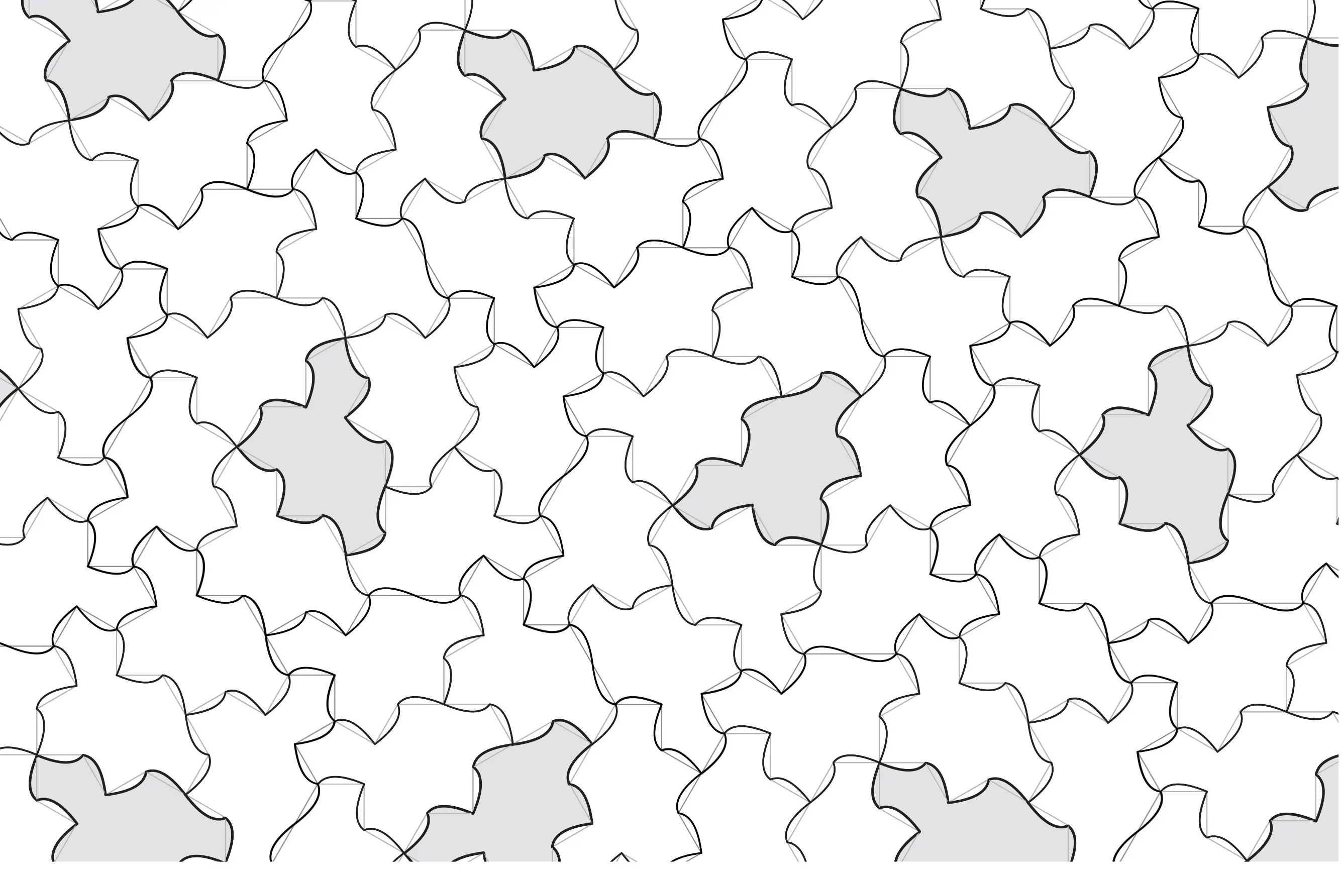 A black-and-white tiling of the plane by copies of one curvy-edged tile, with a few tiles shaded grey, in a pattern that never repeats