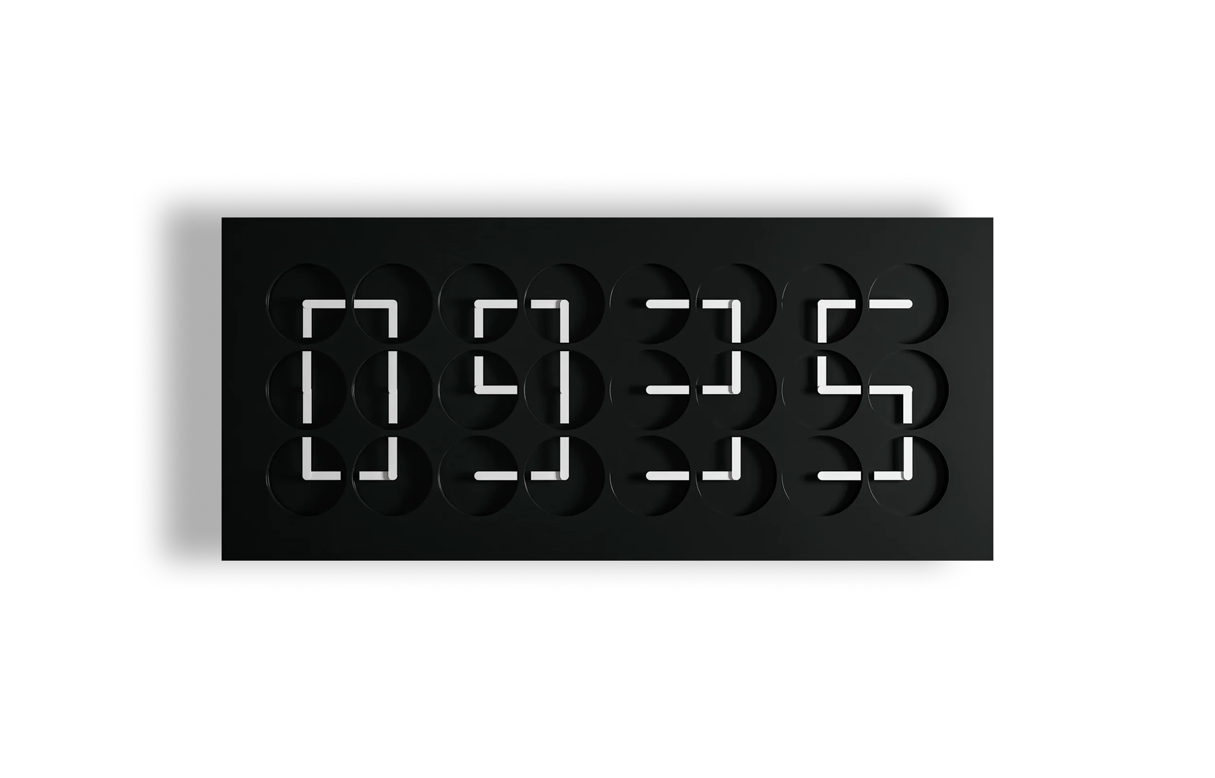 ClockClock 24 Black by Humans since 1982: 24 analog clocks in a black body, their white hands lined up to read 09:35