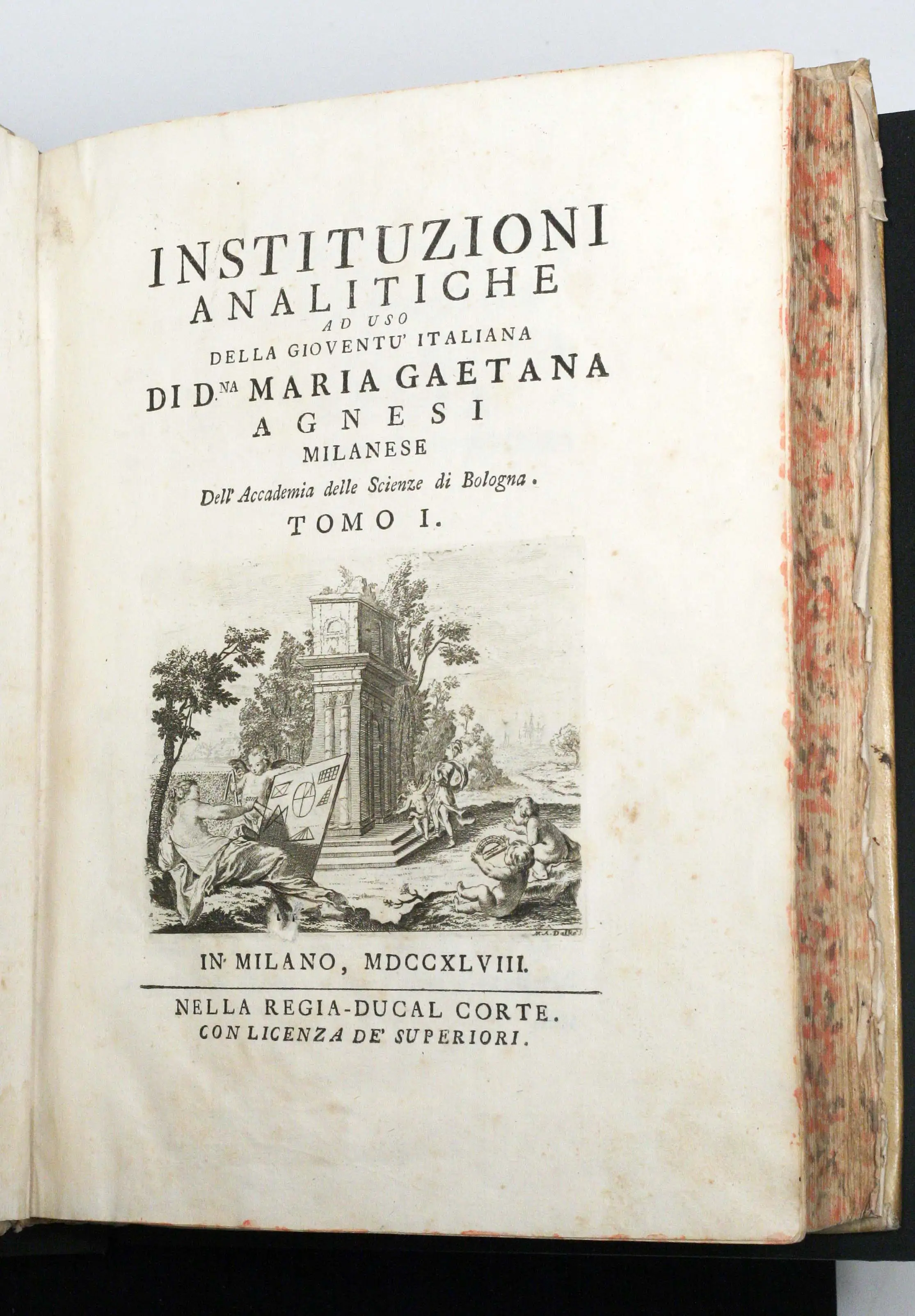 The title page of the first volume of Agnesi's Instituzioni analitiche, Milan 1748, with an engraving of figures studying geometry beside a classical ruin