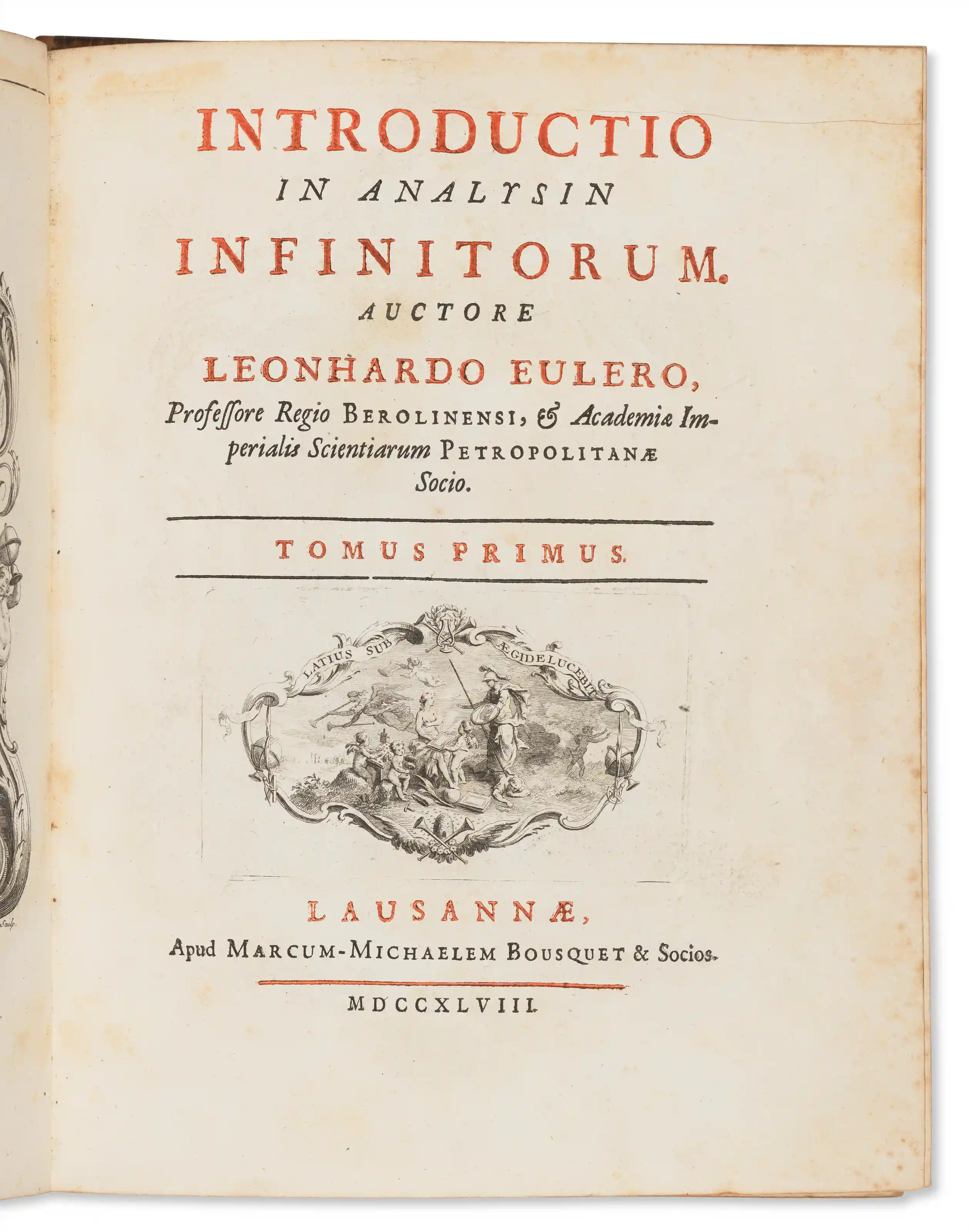 The red and black title page of the first volume of Euler's Introductio in analysin infinitorum, Lausanne 1748, with an engraved vignette above the imprint