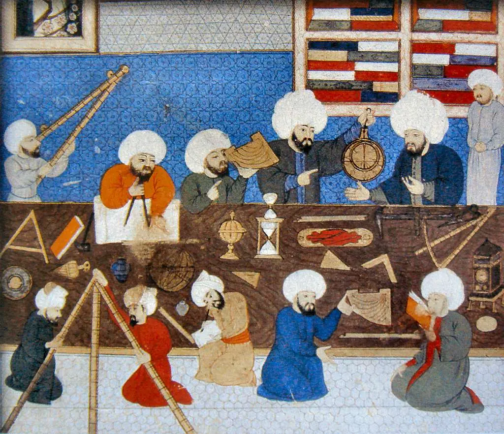 Ottoman miniature of astronomers in the Istanbul observatory: turbaned scholars around a long table of instruments, one holding up an astrolabe, others using a quadrant, compasses and an hourglass, with shelves of books behind them