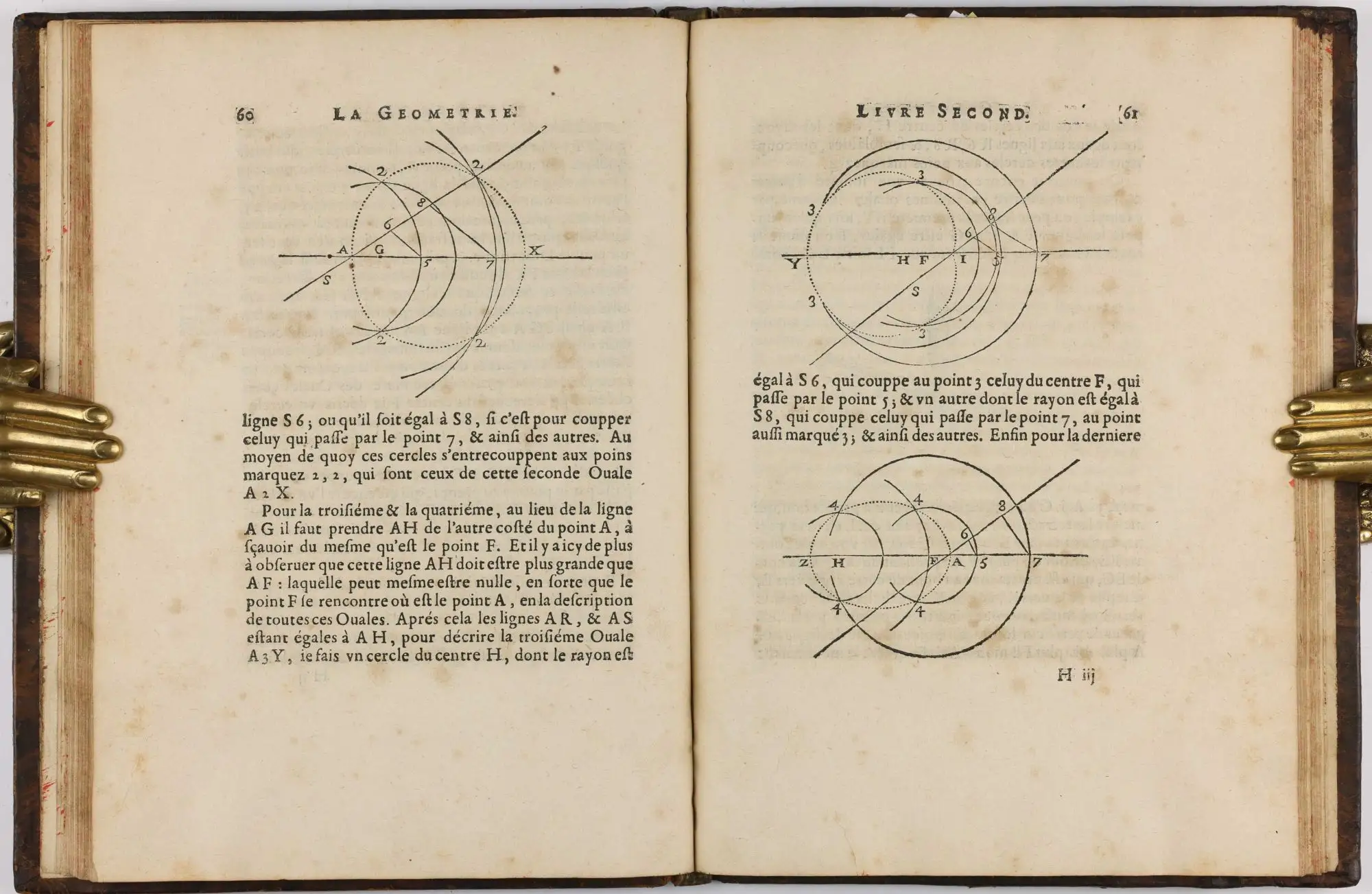 Pages 60 and 61 of La Géométrie, Book Two, held open by brass weights, with French text and diagrams constructing Descartes' ovals from intersecting circles