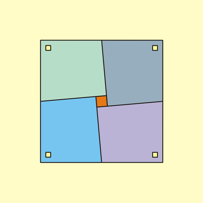 Animation of Matsuyama's paradox: four panels rotate about their centres, a square hole opens in the middle and closes again