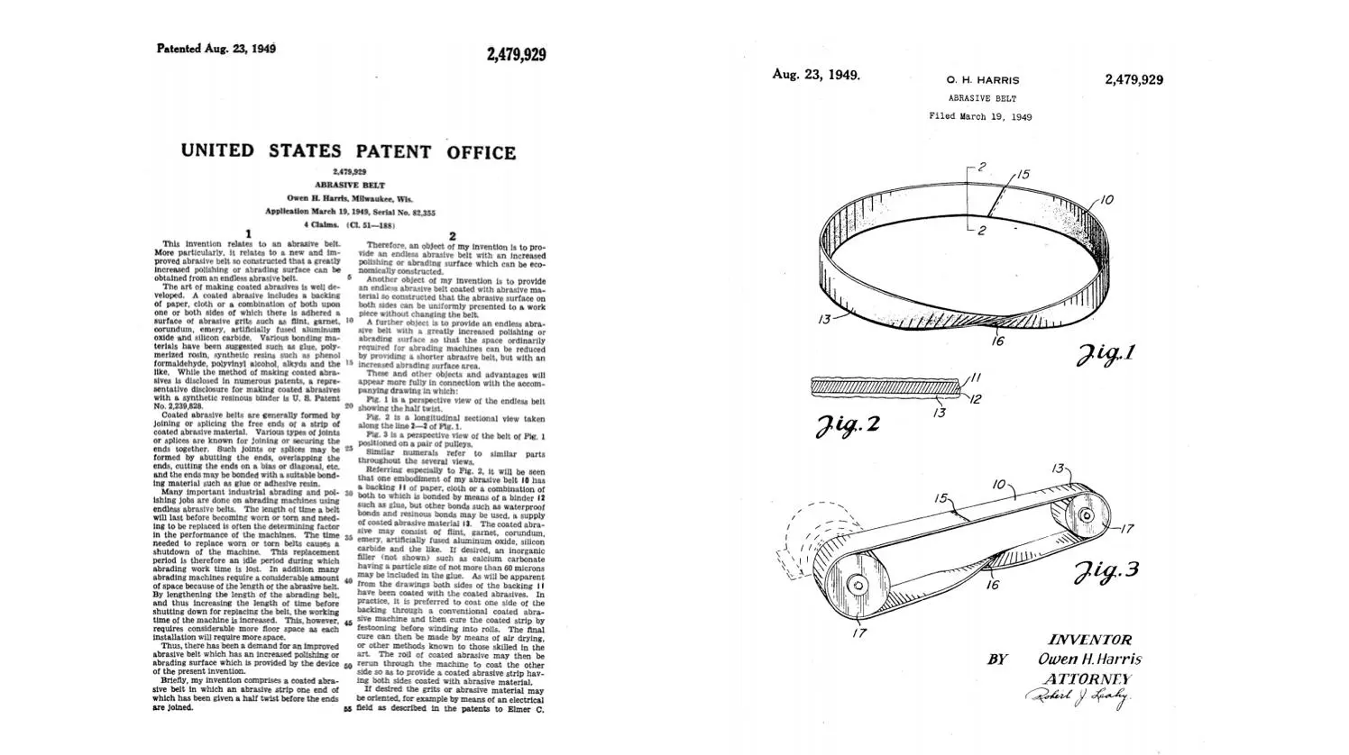 United States Patent 2,479,929 for an abrasive Möbius strip belt by Owen H. Harris, 1949, showing technical diagrams of the twisted belt design
