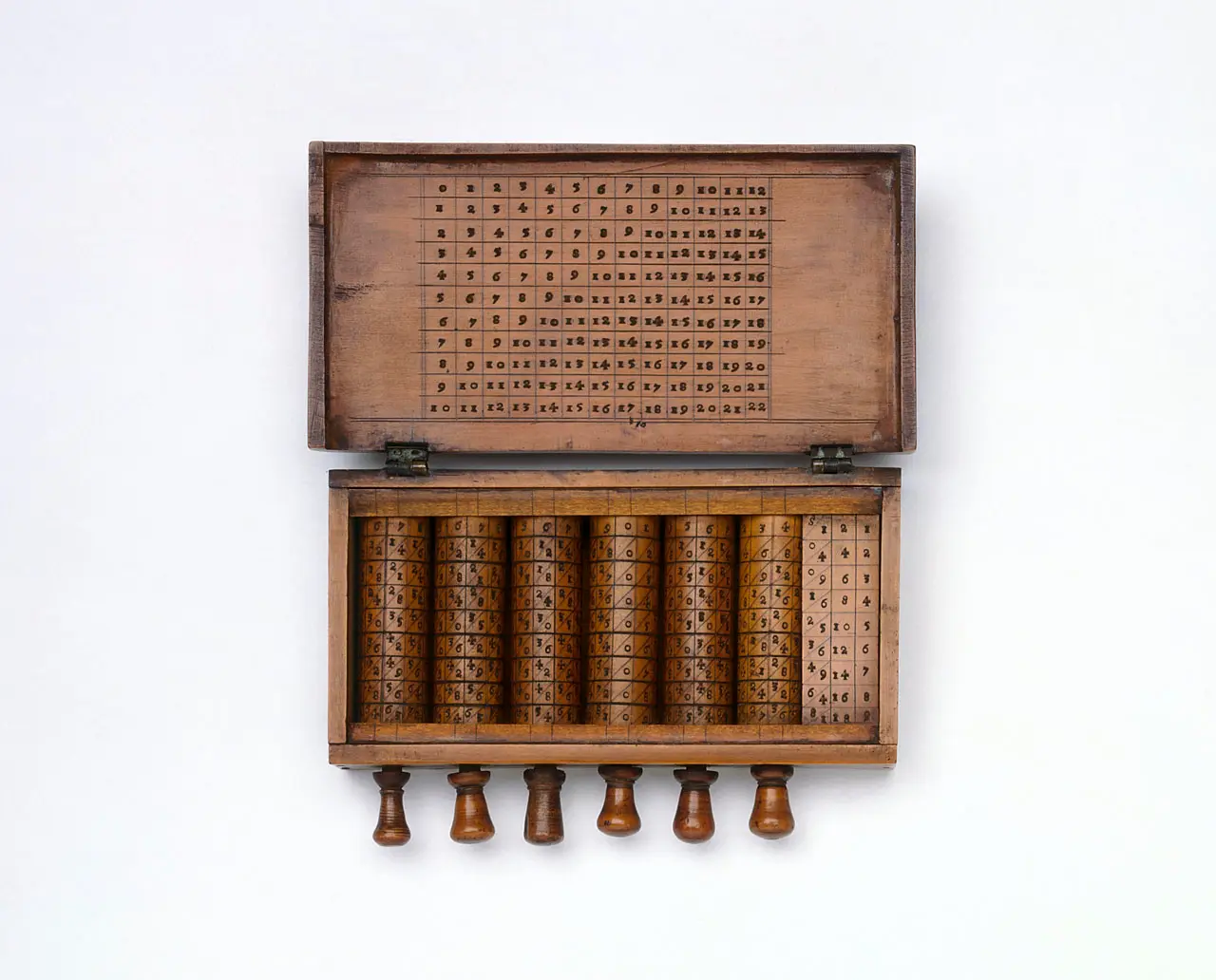 Open box of Napier's bones seen from above, each cylindrical rod engraved with a lattice of numbers split diagonally into tens and units