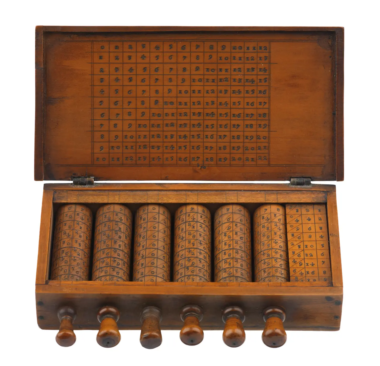 Boxed set of Napier's bones on rotating cylinders, seen at an angle, with turning knobs beneath each digit column and an index rod on the right