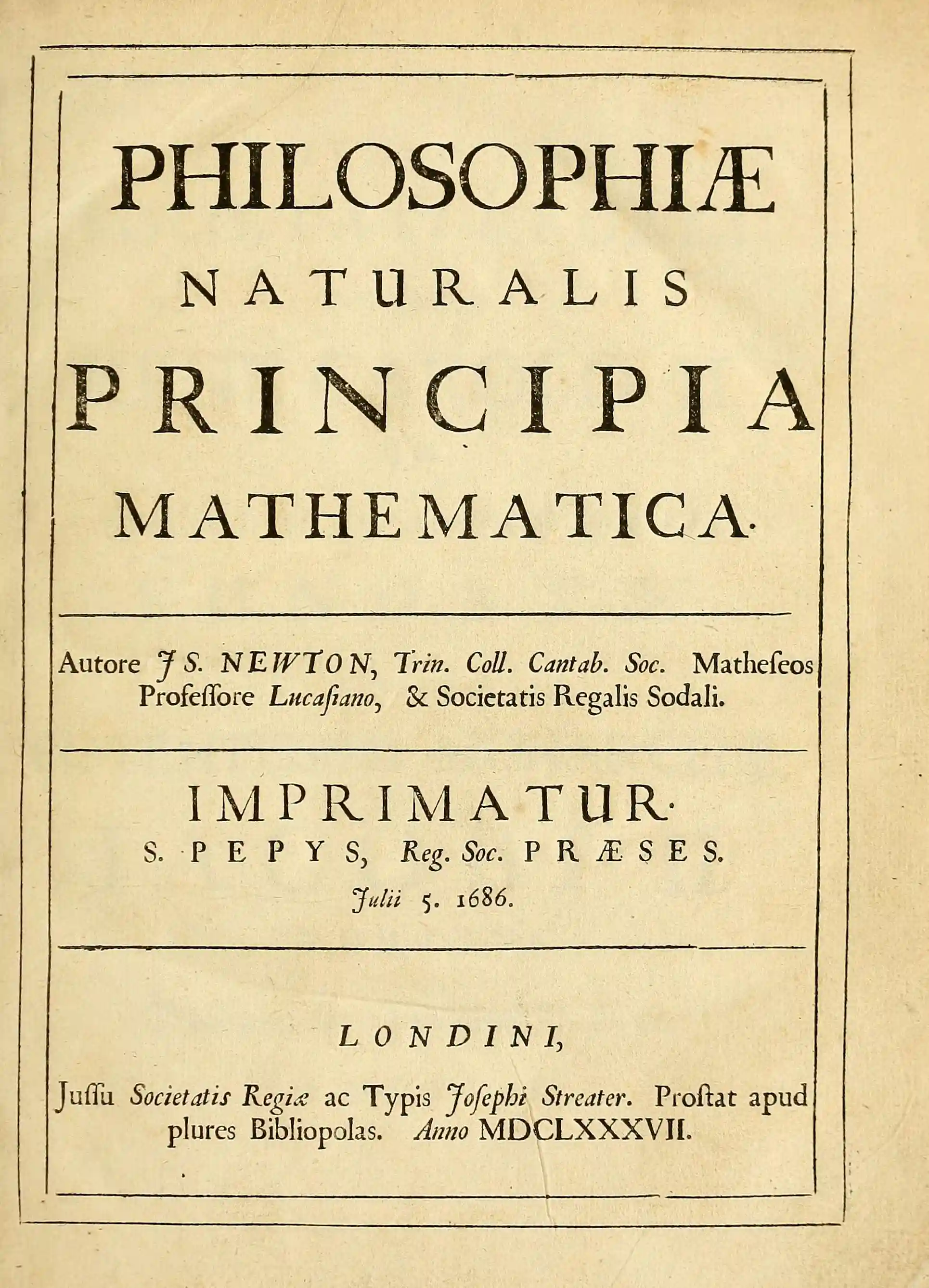 The title page of the first edition of Newton's Principia, London 1687, with the imprimatur of Samuel Pepys as President of the Royal Society