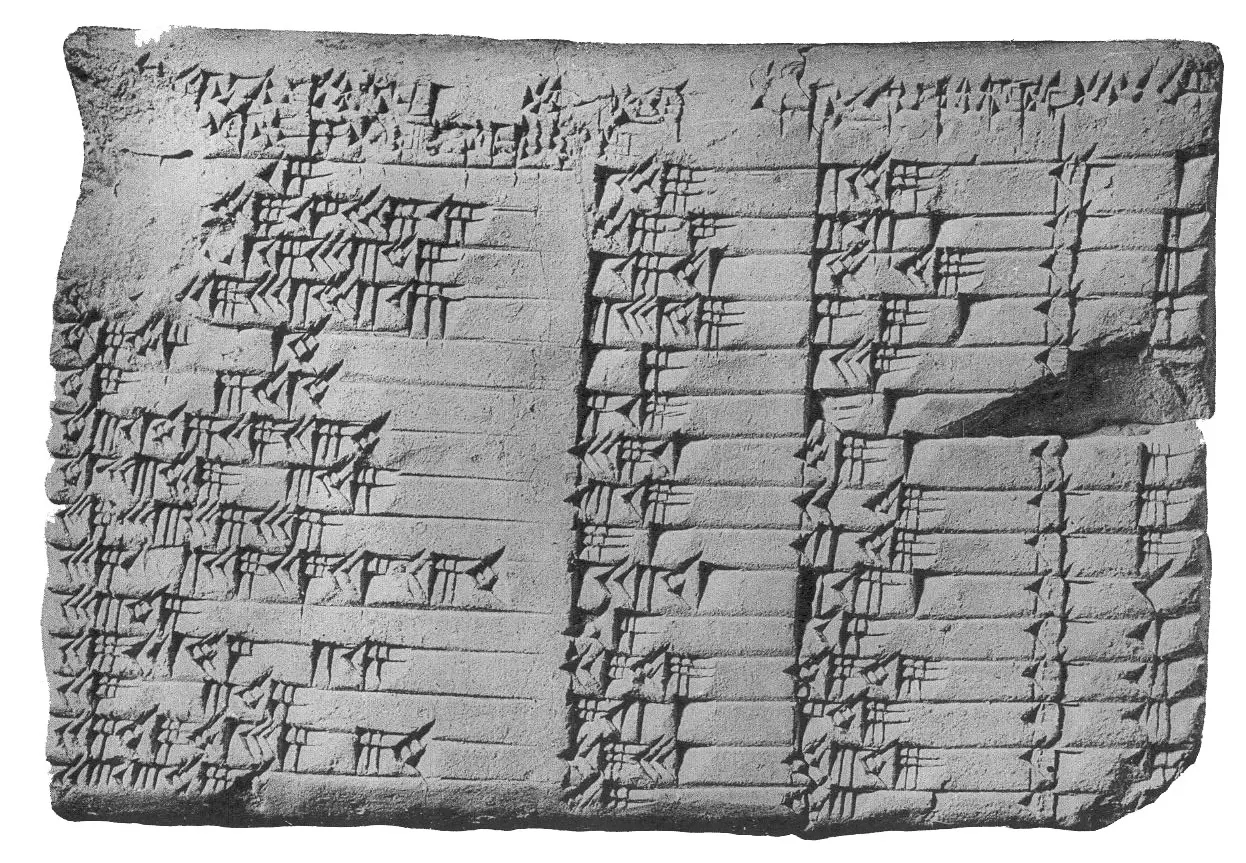 The Plimpton 322 clay tablet: a broken rectangle of clay covered in a ruled table of cuneiform numbers in four columns and fifteen rows