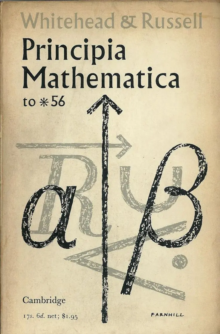 The cover of Cambridge's paperback Principia Mathematica to *56, with large hand-drawn logic symbols, alpha, beta and arrows, in black and grey