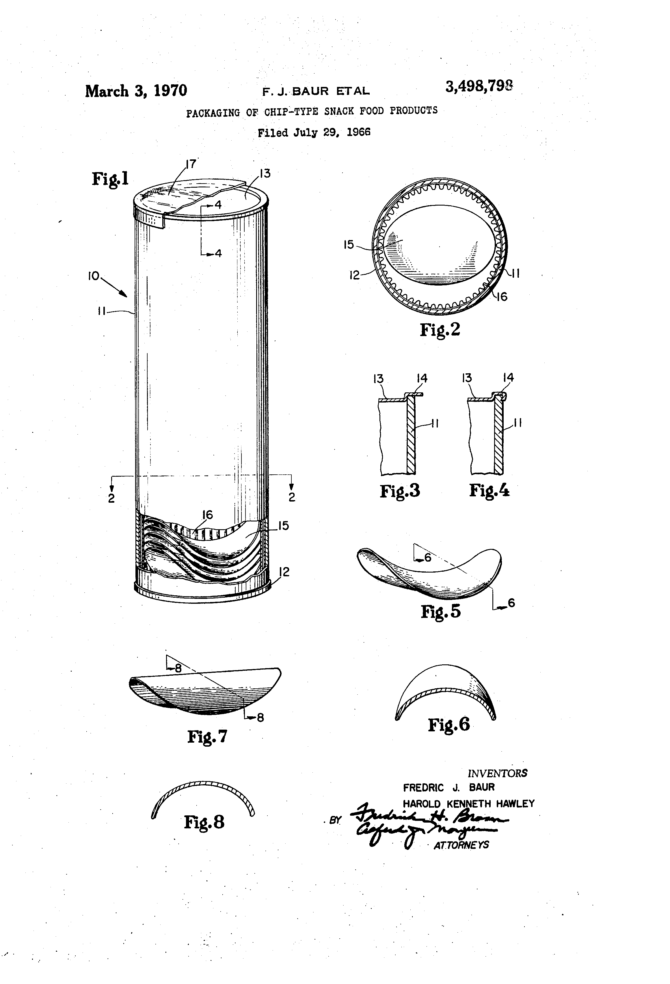 Pringles US Patent 3,498,798 — Fredric Baur's original patent application drawings