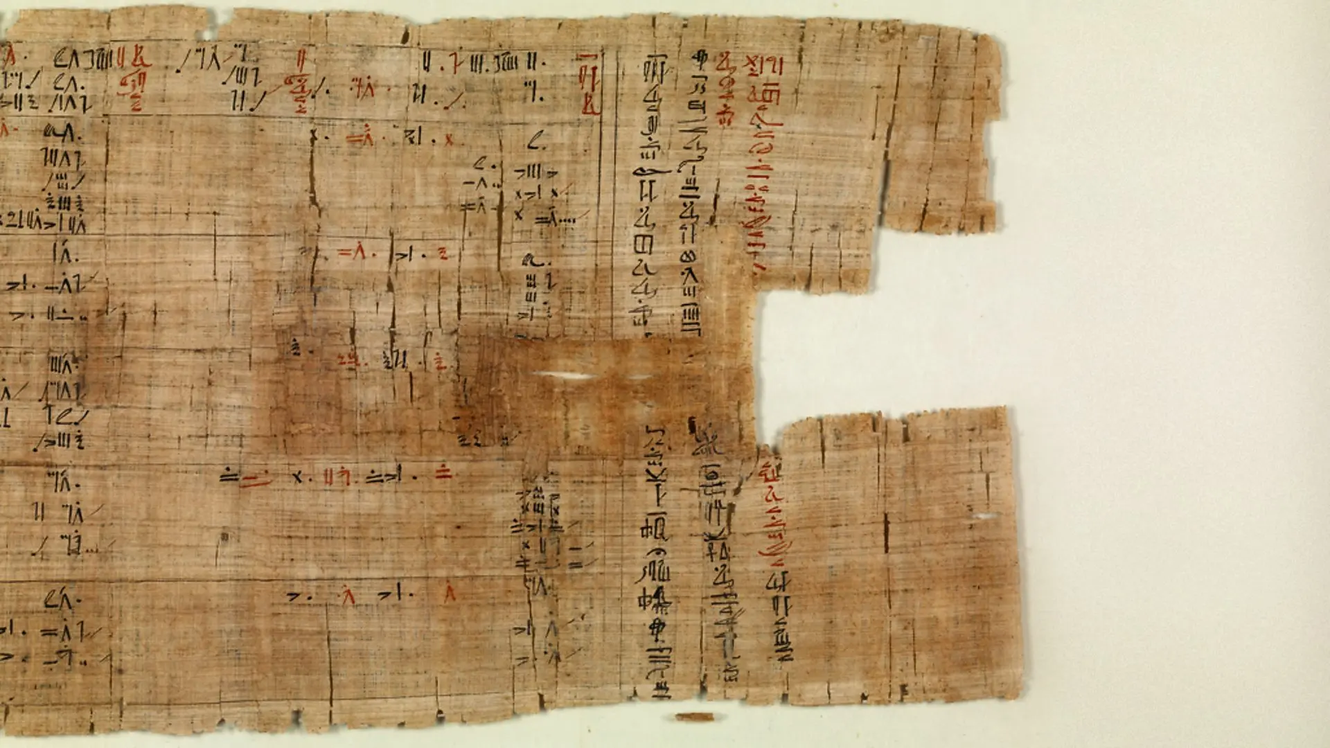 A section of the Rhind Mathematical Papyrus: columns of hieratic numbers in black ink with headings and totals in red, the papyrus torn along its right edge