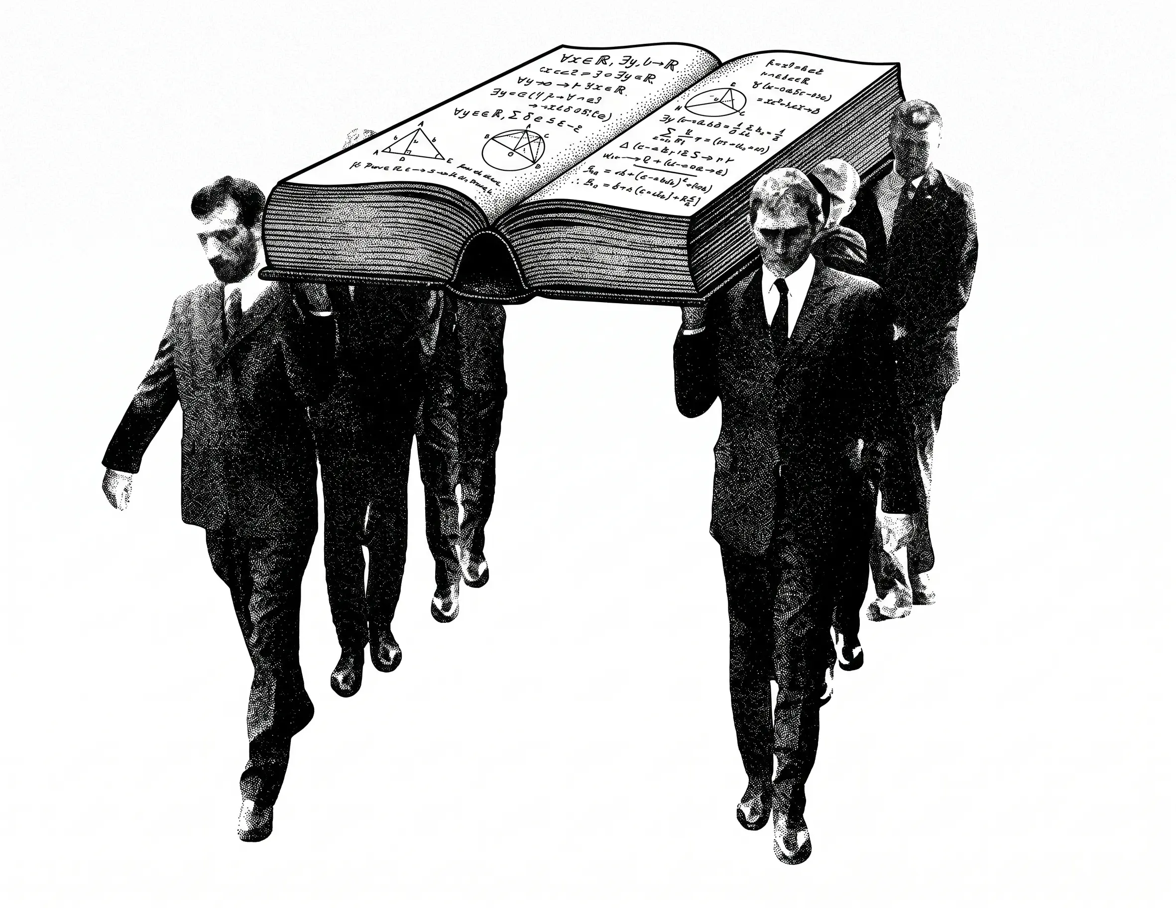 Men in dark suits carrying a giant open book of proofs on their shoulders, like pallbearers