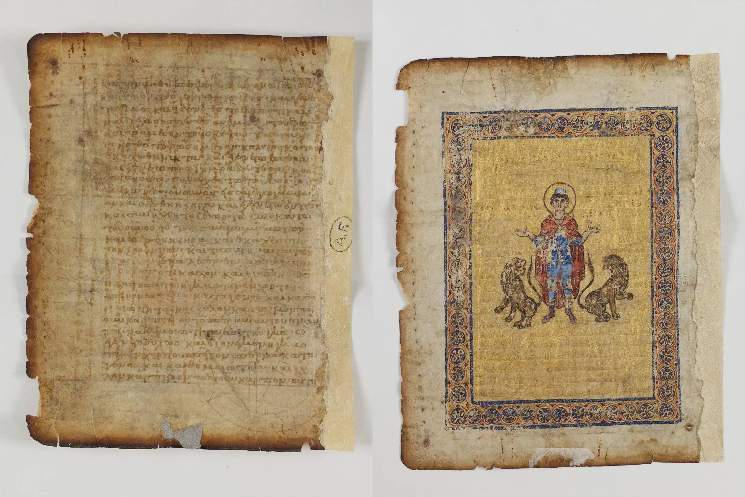 Two leaves of the Archimedes Palimpsest: a page of faded writing scorched at the edges, and a leaf painted over with a figure between two lions inside a gilded border
