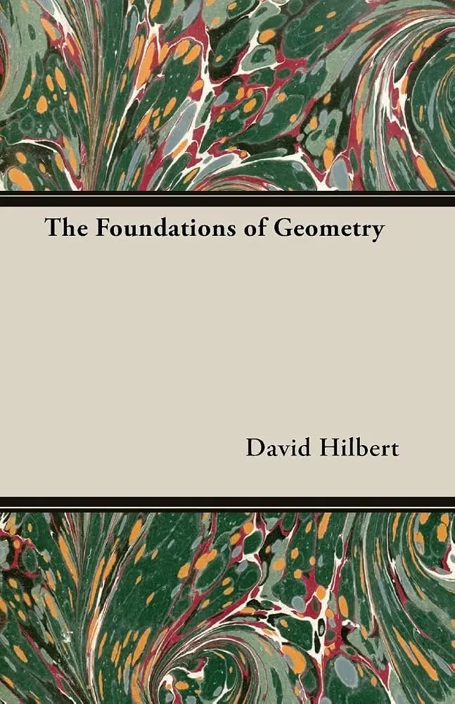 A cover of The Foundations of Geometry by David Hilbert, with the title on a plain panel between bands of green marbled paper