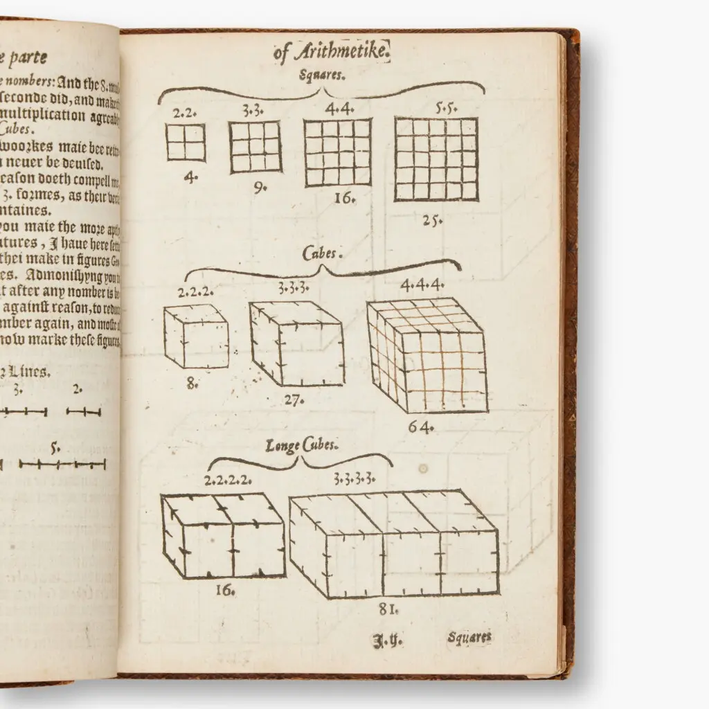 A page of The Whetstone of Witte headed "of Arithmetike", with woodcut figures of squares, cubes and long cubes labelled 4, 9, 16, 25, 8, 27, 64, 16 and 81