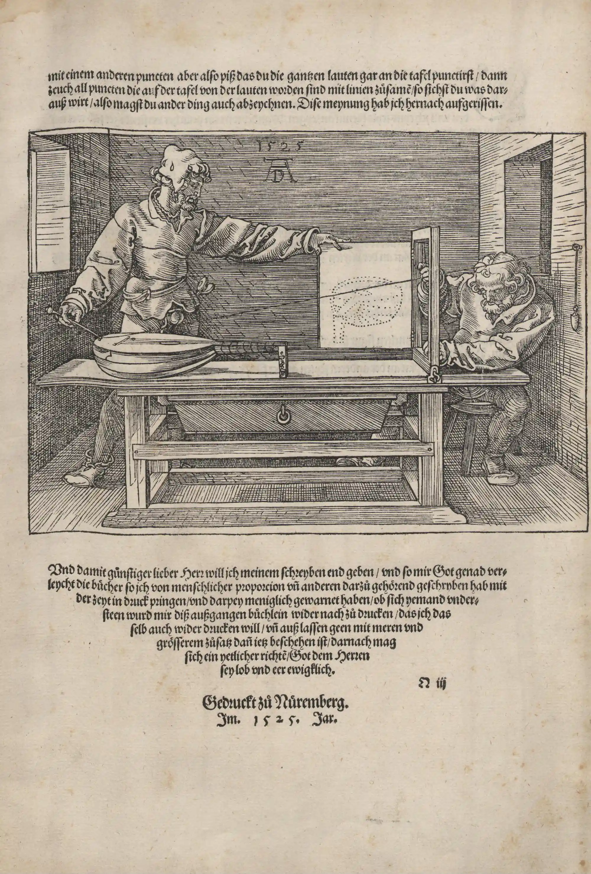 Dürer's woodcut of two men drawing a lute in perspective with a thread and a frame, above the colophon: printed in Nuremberg in 1525