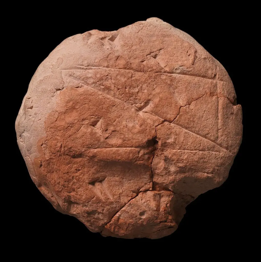 The YBC 7289 clay tablet photographed on black: a round, cracked lump of fired clay with a square and its diagonals scratched into the surface