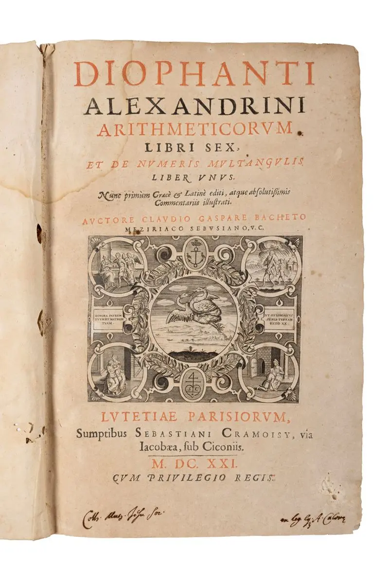 The red and black title page of Bachet's 1621 Diophantus, printed in Paris, with an engraved emblem between the title and the imprint