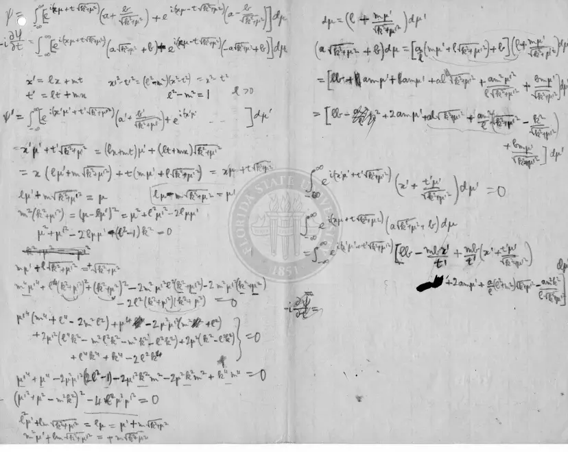 A page of Dirac's handwritten calculations on a Lorentz transformation, with two columns of dense algebra and a heavily inked correction