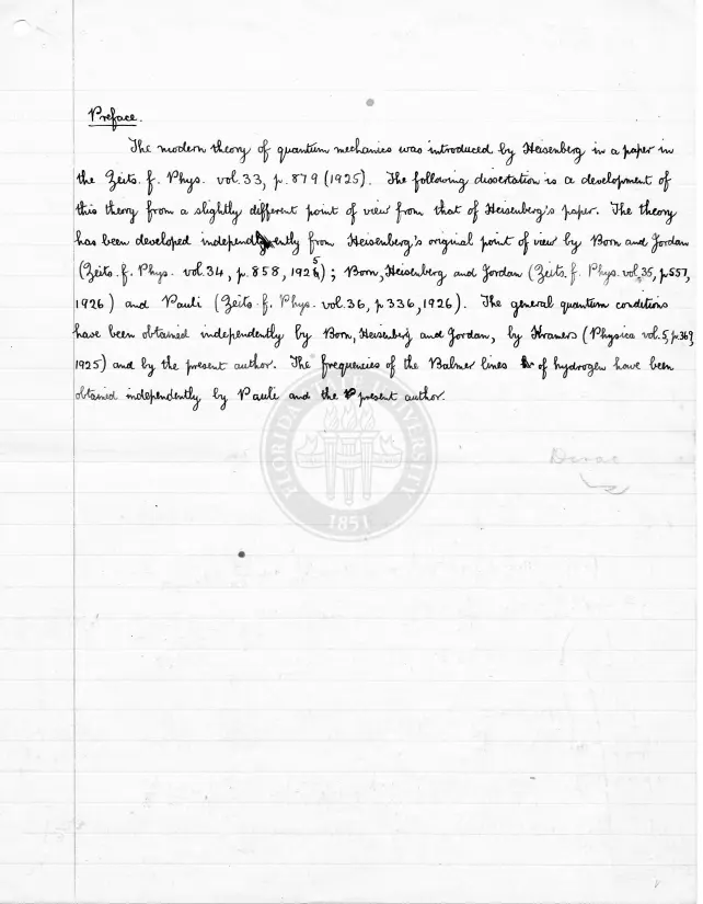 The handwritten preface to Dirac's PhD thesis, citing Heisenberg, Born, Jordan, Pauli and Kramers in nine lines
