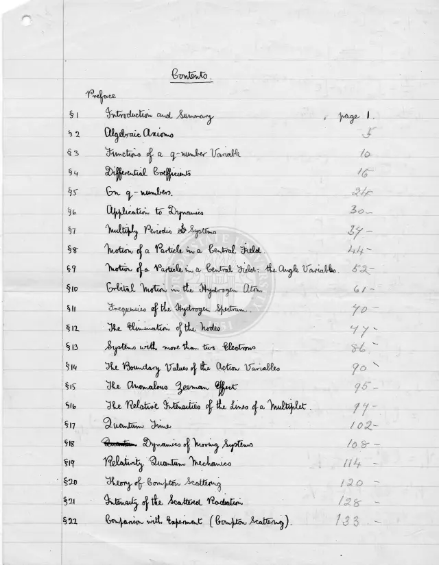 The handwritten contents page of Dirac's 1926 thesis, listing twenty-two numbered sections from Algebraic Axioms to Compton Scattering